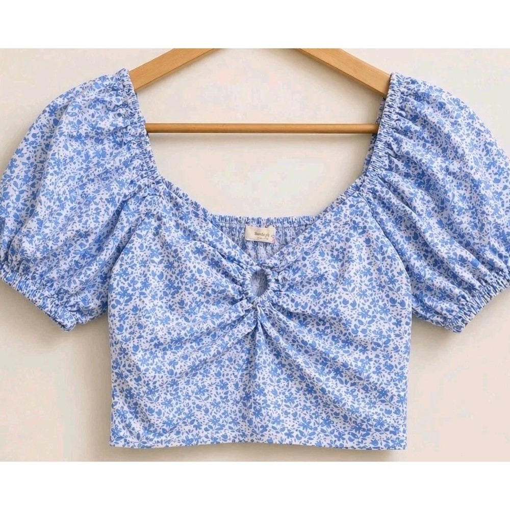 Sim & Sam Blue Floral Top M Puff Sleeve Coquette Cottagecore Romantic Peasant